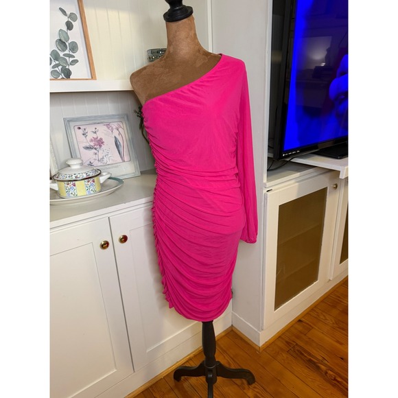 BTFBM Dresses & Skirts - BTFBM Hot Pink One Shoulder Ruched Bodycon Mini Dress Long Sleeve Large
